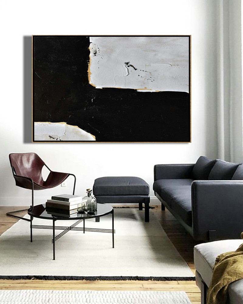 Large Paintings For Living Room,Horizontal Palette Knife Minimal Canvas Art Painting Black White Beige - Original Abstract Painting Canvas Art